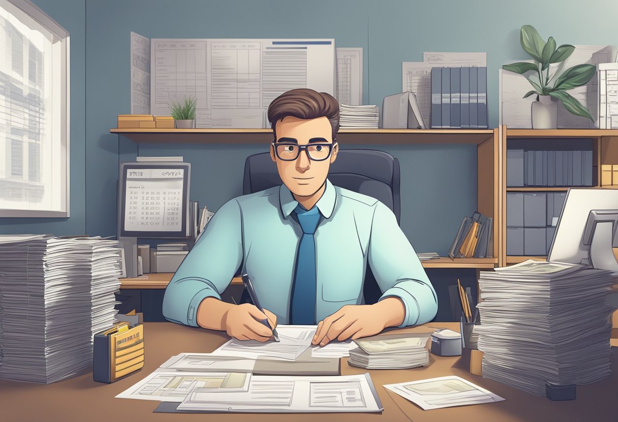 A moneylender sits behind a desk in a tidy office, with a calculator and paperwork. A sign on the wall displays interest rates and terms