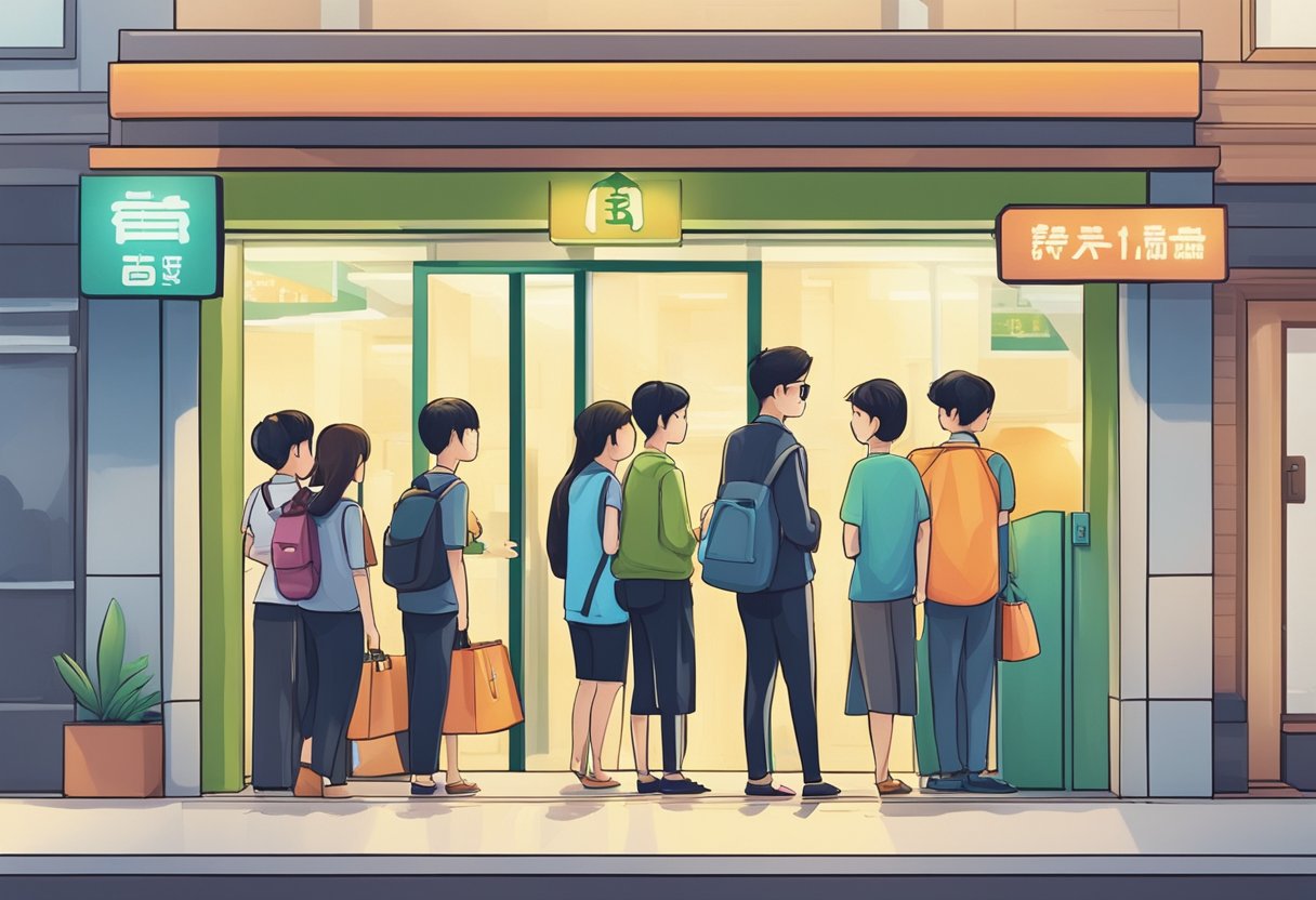 A line of customers waits outside a licensed money lender's office in Lucky Plaza. The sign above the door reads "Services and Customer Experience."
