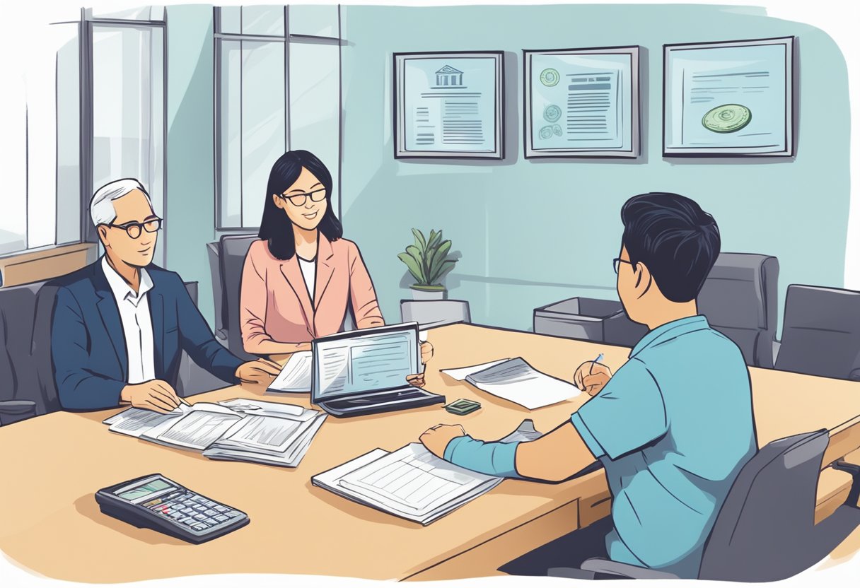 A person receiving financial advice from a Sembawang money lender, with a sign displaying "Guidance for Borrowers" in the background