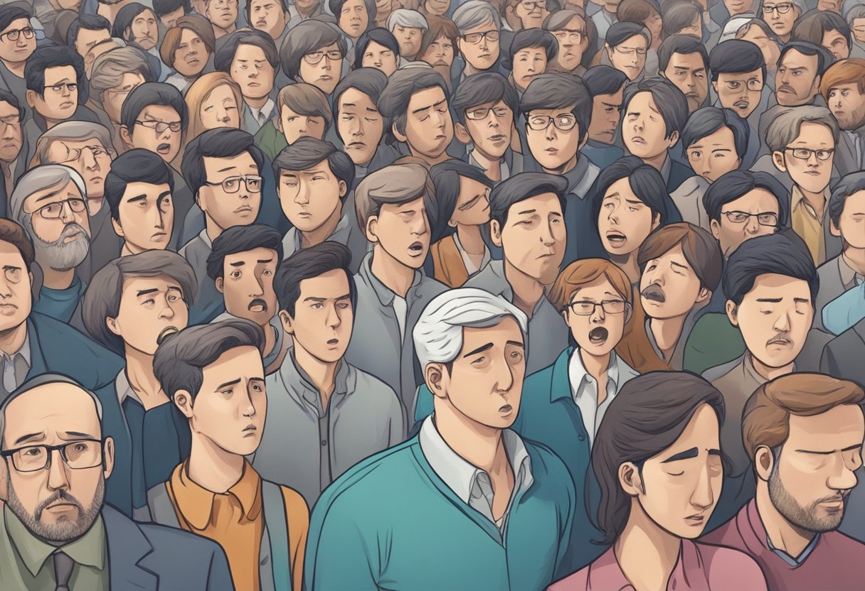 A person standing in a crowded room suddenly feels their heart racing and struggles to catch their breath