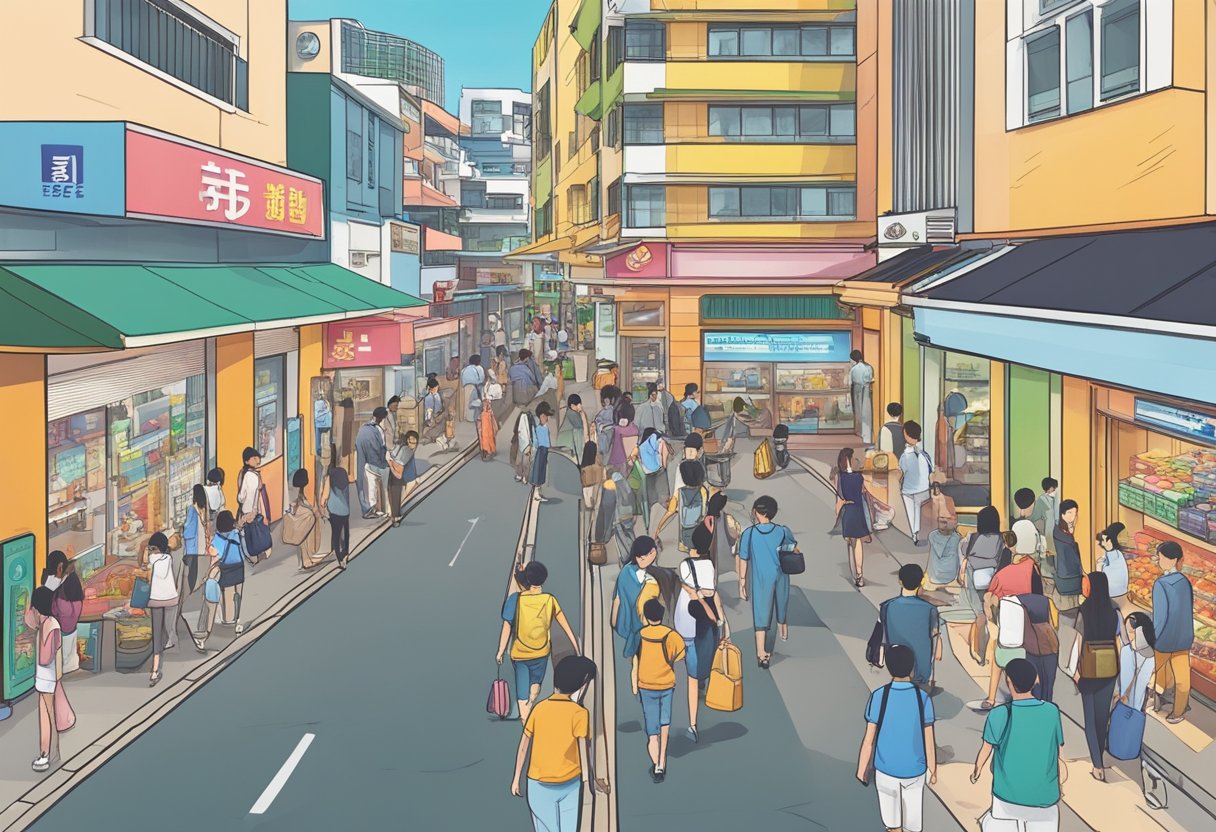 A bustling street in Hougang, with a prominent sign for a licensed money lender. People enter and exit the establishment, indicating a steady flow of customers. The surrounding area is filled with shops and businesses, suggesting a vibrant and active community