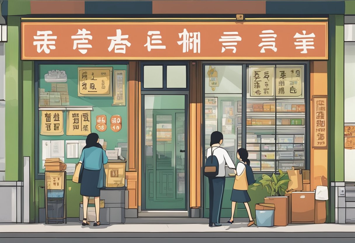 A licensed moneylender's sign hangs outside a storefront in Simei. A steady stream of customers enters and exits, while a clerk inside assists with paperwork