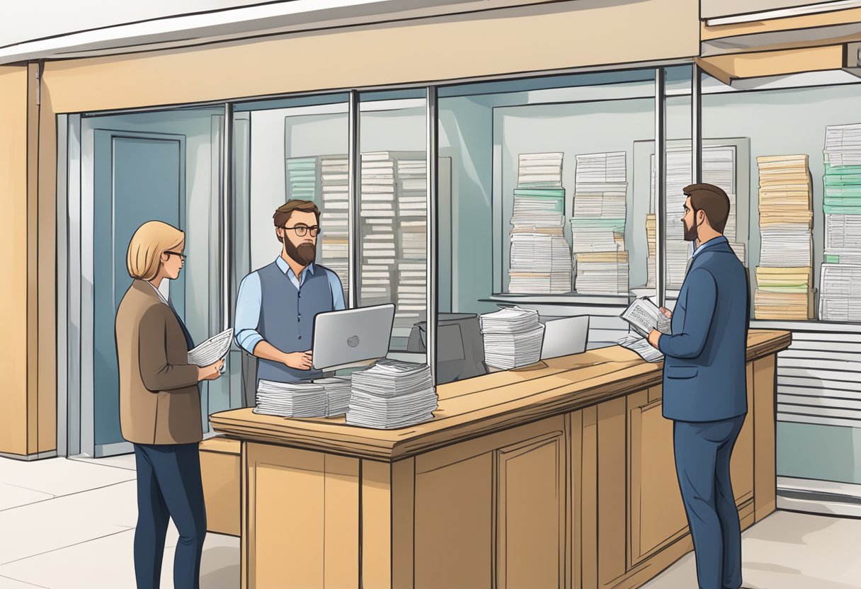 A person standing in front of a moneylender's office, comparing different loan options and reading the terms and conditions