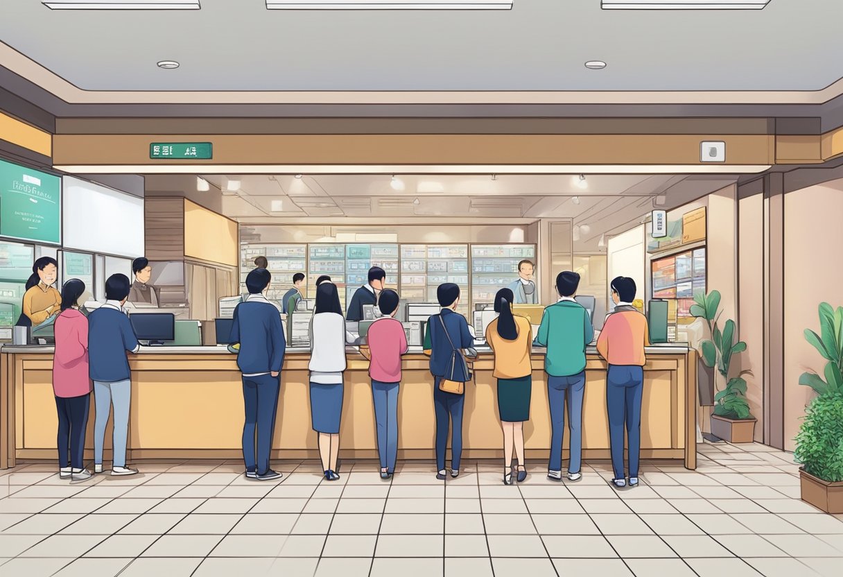 A bustling money lending office in Lucky Plaza, with customers lining up at the counter and staff assisting them with their inquiries