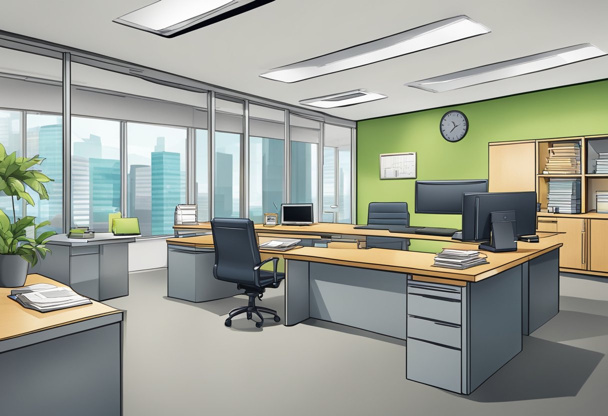 A brightly lit office with a sign reading "Frequently Asked Questions" and a desk with a money lender logo