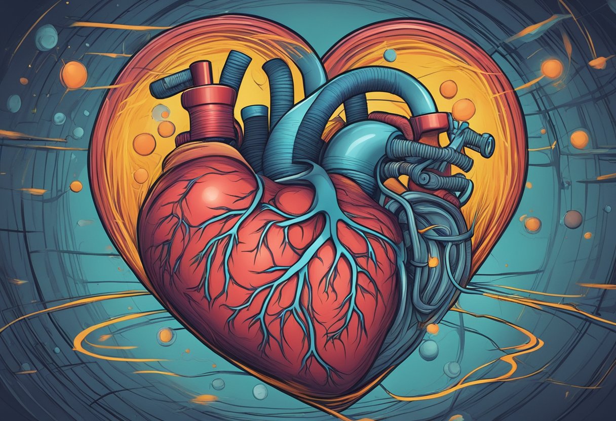 A heart struggling to pump, surrounded by restless, sleepless energy