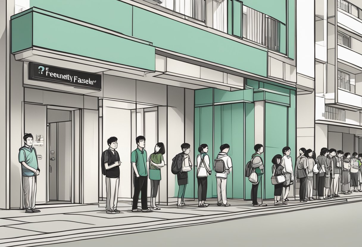 A line of people waiting outside a sengkang money lender's office, with a sign displaying "Frequently Asked Questions" prominently