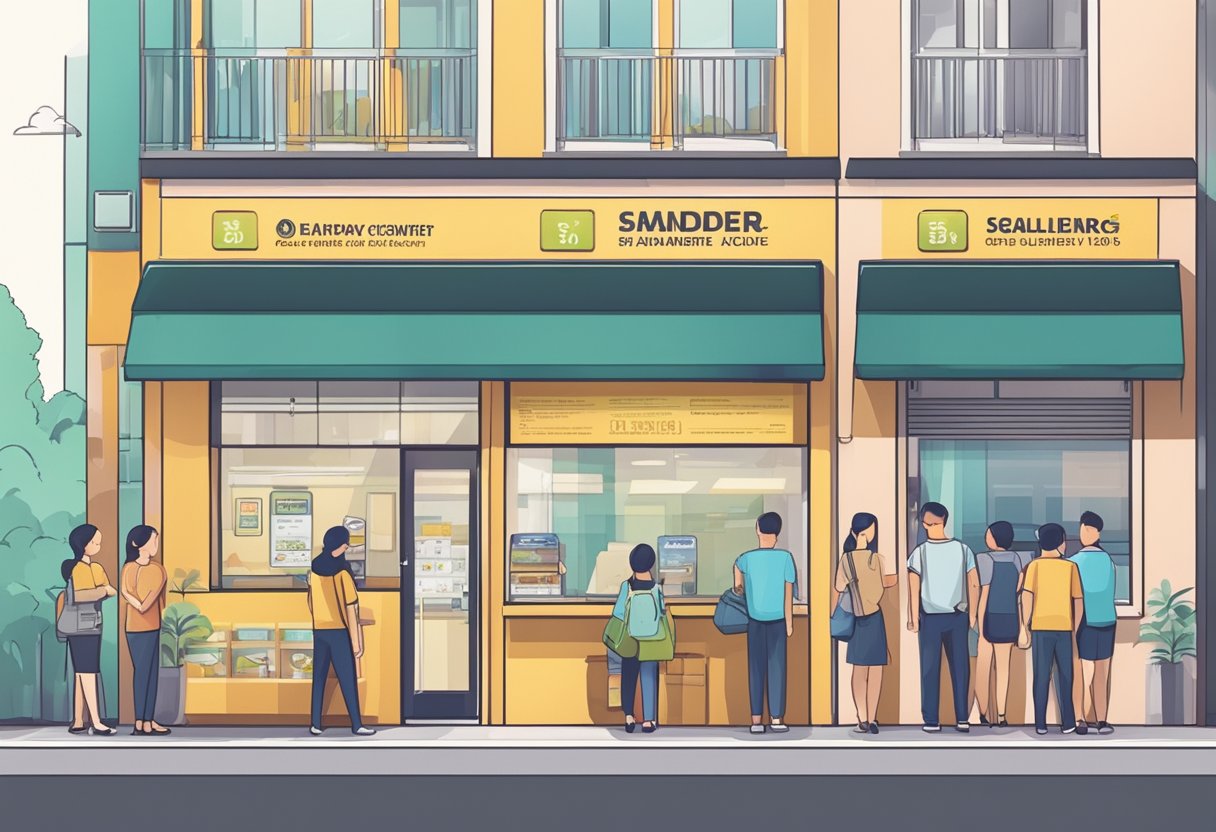 A licensed money lender's storefront in Pasir Ris, with a prominent sign and a queue of customers waiting to enter