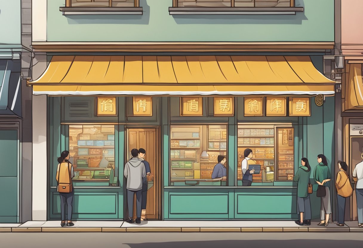 A licensed money lender's storefront in Chinatown, with a prominent sign and a line of customers waiting outside. The interior is bustling with activity as staff assist clients with financial transactions