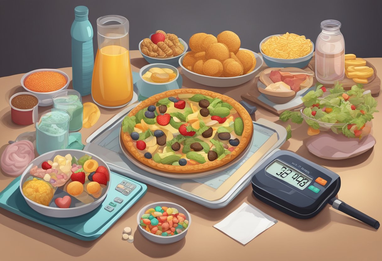 A table filled with unhealthy foods, a scale displaying high weight, and a family history of heart disease