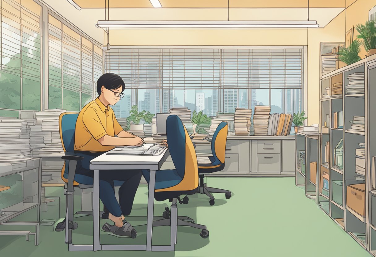 A person sits at a desk, filling out paperwork. A sign above reads "Hougang licensed money lender." The room is well-lit and organized