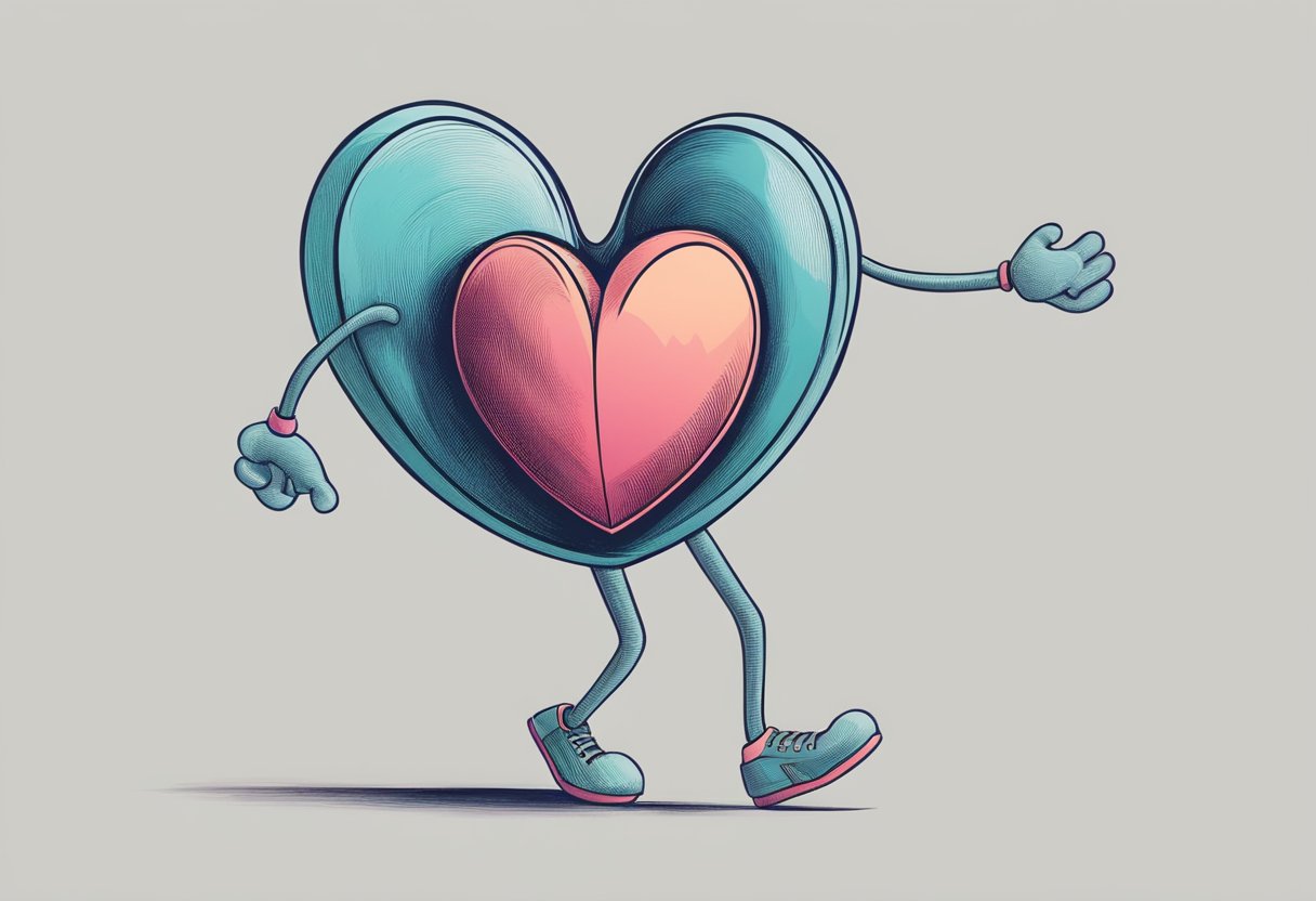 A heart symbol with legs walking at a steady pace