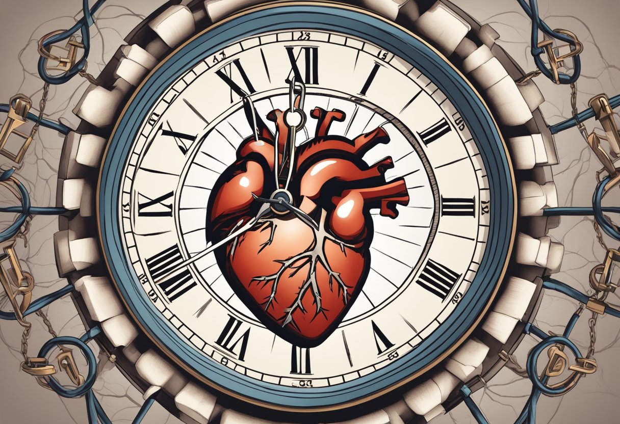 A heart with broken chains symbolizing congestive heart failure, surrounded by a clock with restless eyes representing insomnia