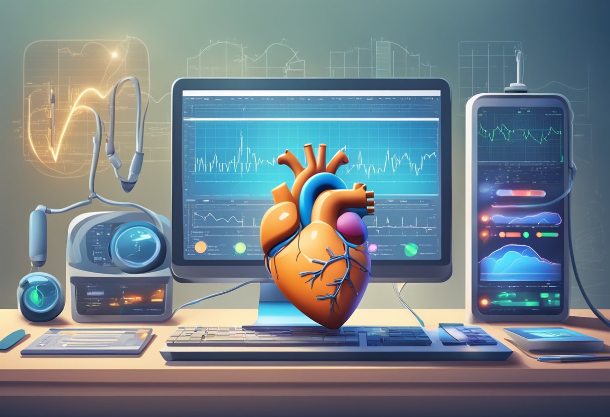 A heart with erratic beats and lungs struggling for air. Medical equipment and charts in the background