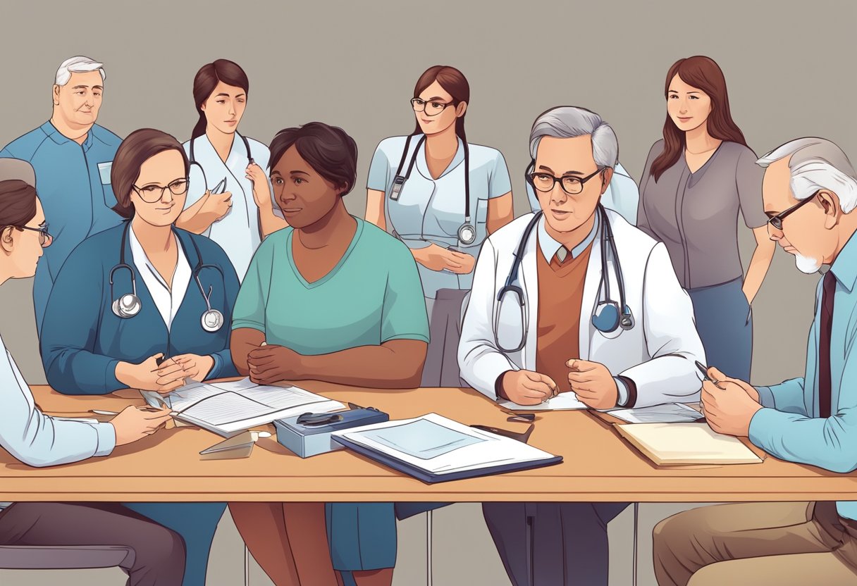 A group of people with various risk factors for coronary heart disease, such as high cholesterol, high blood pressure, and obesity, are gathered for a health assessment