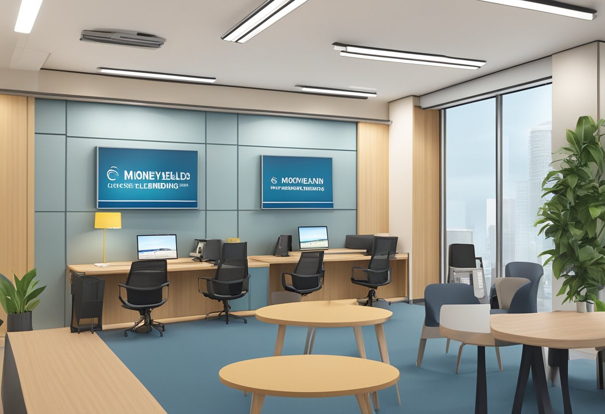 A licensed moneylending office in Pasir Ris, with a sign displaying the company's name and logo. A professional-looking interior with a reception area, desks, and chairs for clients