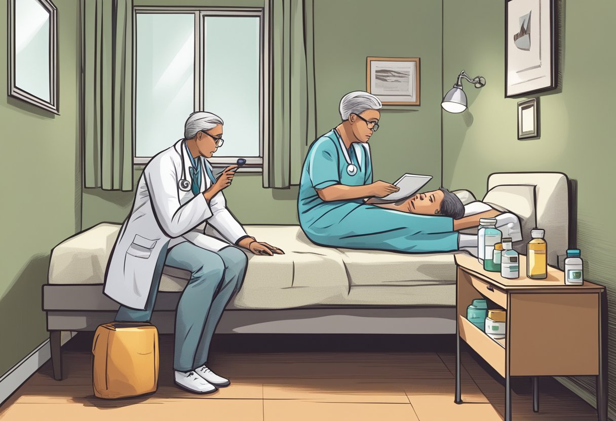 A doctor discussing treatment options with a patient, while a bedside table holds medication bottles and a sleep aid