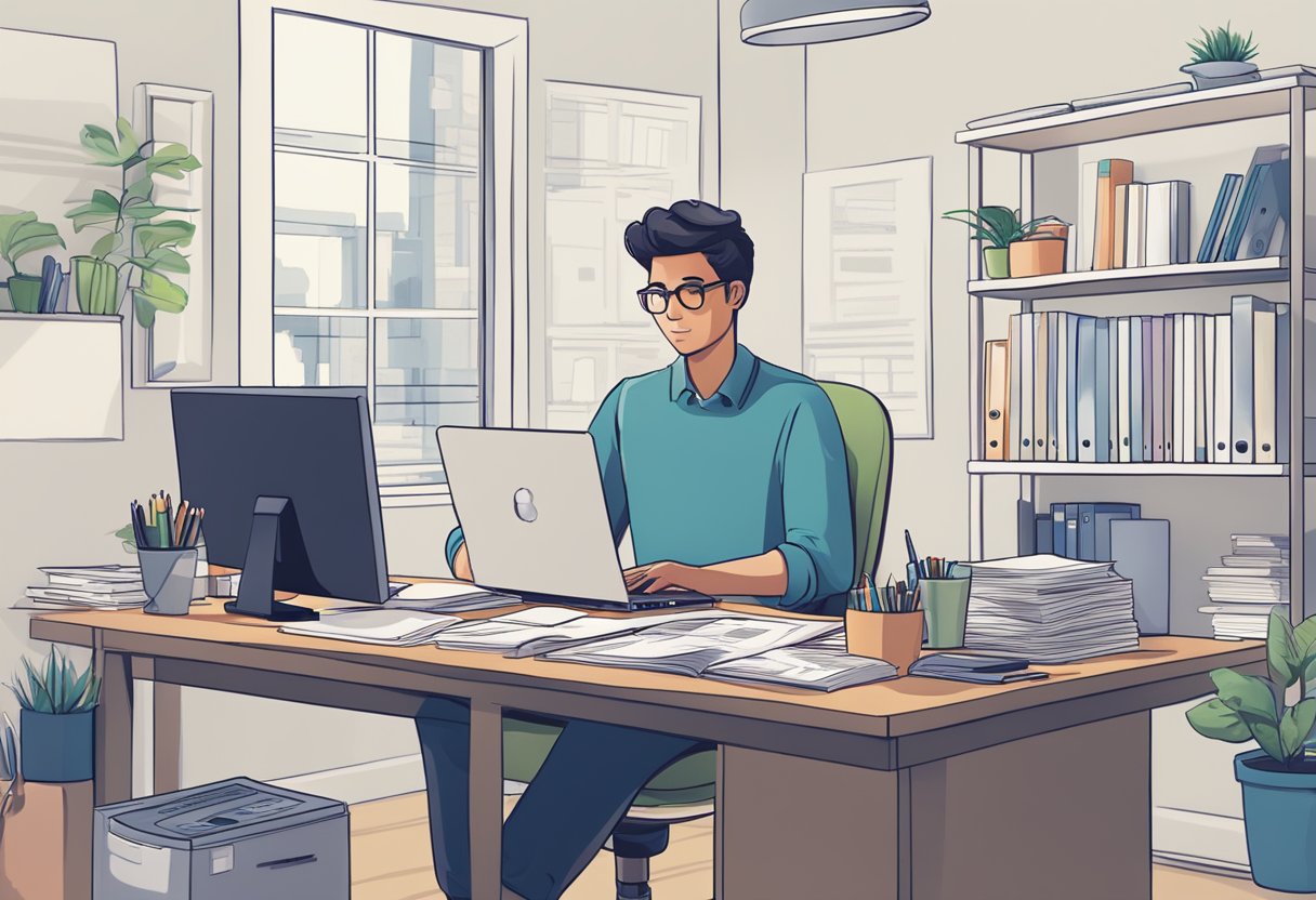 A person sits at a desk with a computer, calculator, and paperwork. They are organizing and managing their loan effectively. The surroundings are neat and organized, with a sense of focus and determination