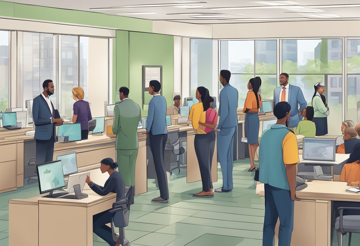 A busy parklane money lender office with people waiting in line and staff assisting customers with inquiries