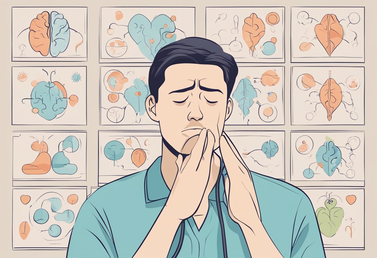 A person experiencing heart palpitations and shortness of breath, with a puzzled expression, surrounded by question marks and medical charts