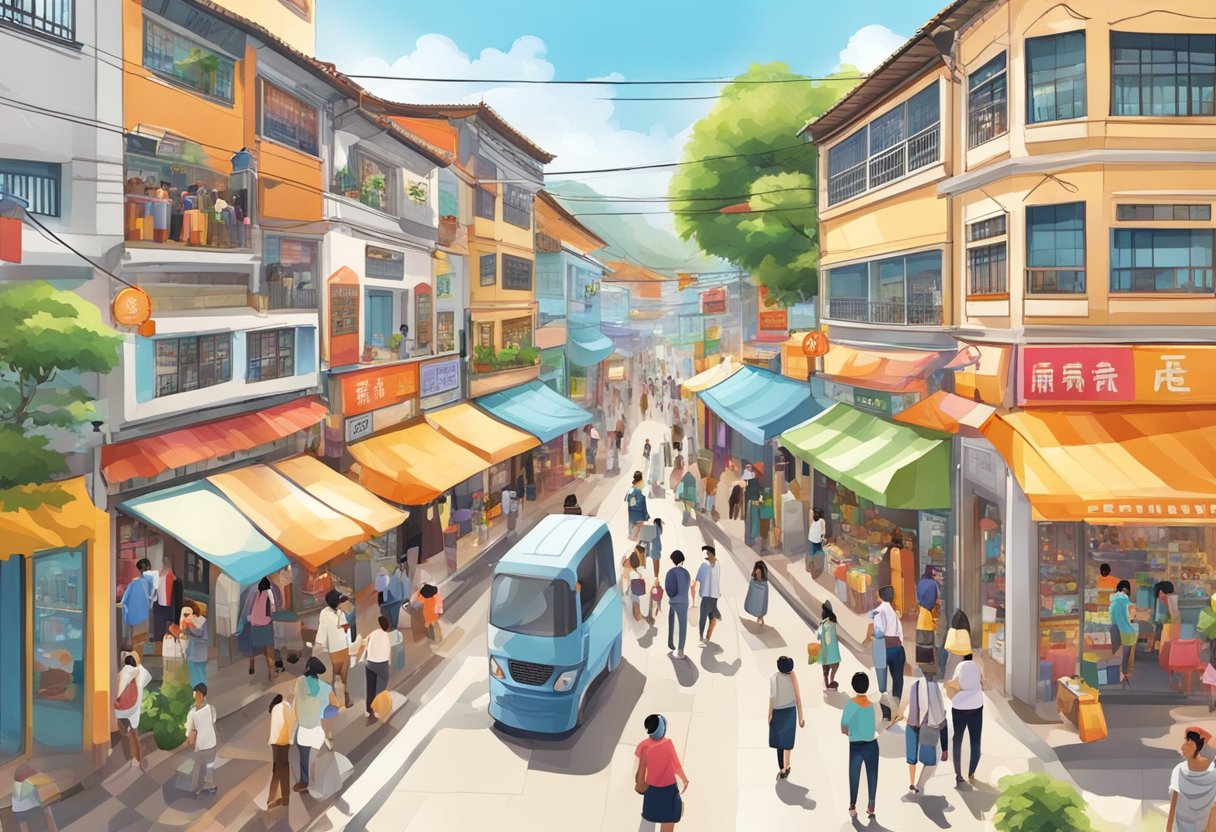 A bustling street in Simei, with colorful shopfronts and diverse crowds. People are going about their daily activities, from shopping to dining, creating a vibrant and lively atmosphere