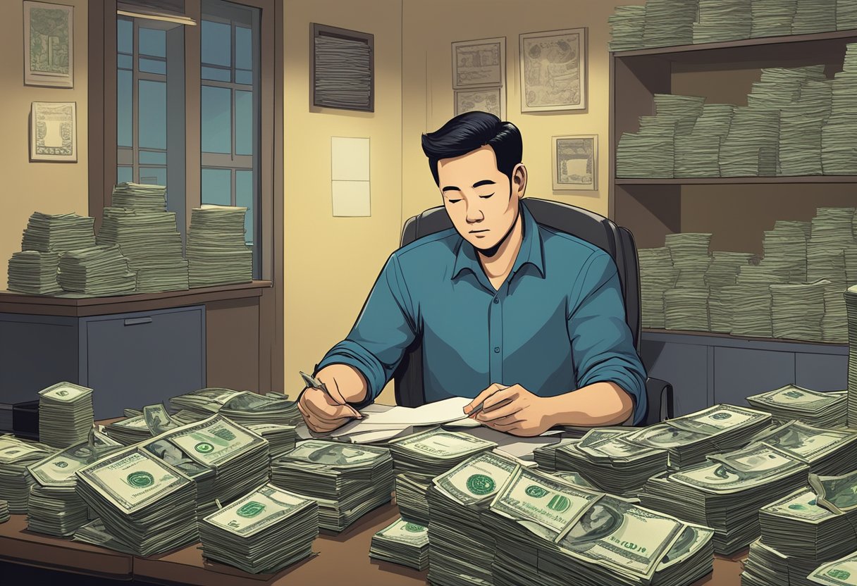 A customer sits at a cluttered desk in a dimly lit room, surrounded by stacks of cash and loan documents. The licensed money lender in Chinatown scrutinizes the customer's paperwork with a stern expression