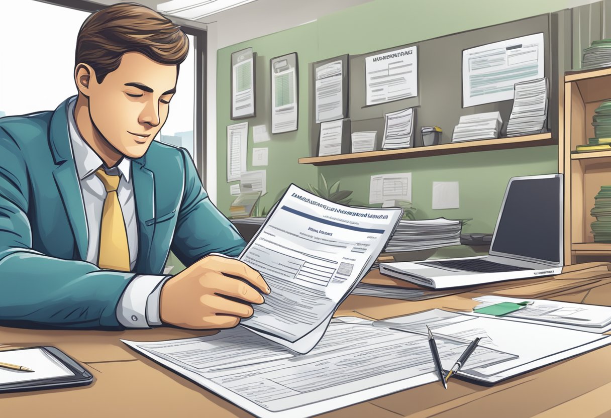A person sits at a desk, filling out loan application forms. A licensed moneylender sign is visible in the background