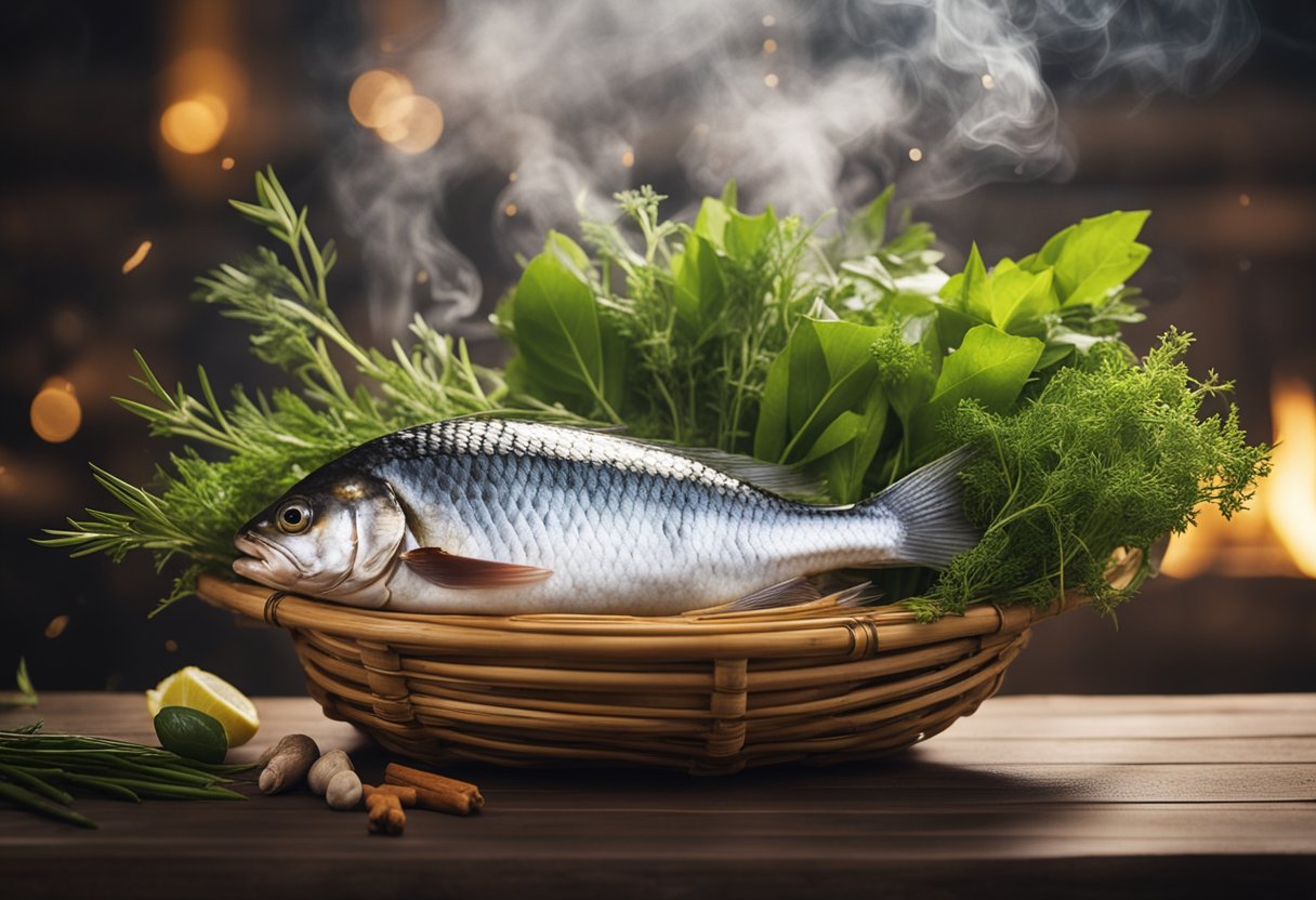 A whole fish steaming in a bamboo basket, surrounded by aromatic herbs and spices. Steam rises and the fish glistens with a glossy glaze