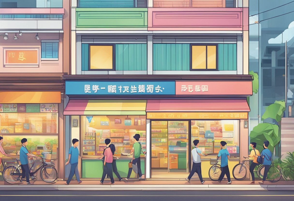 A bustling street in Tampines, Singapore, with a prominent sign for a licensed money lender. The storefront is adorned with colorful banners and a steady flow of customers entering and exiting the establishment