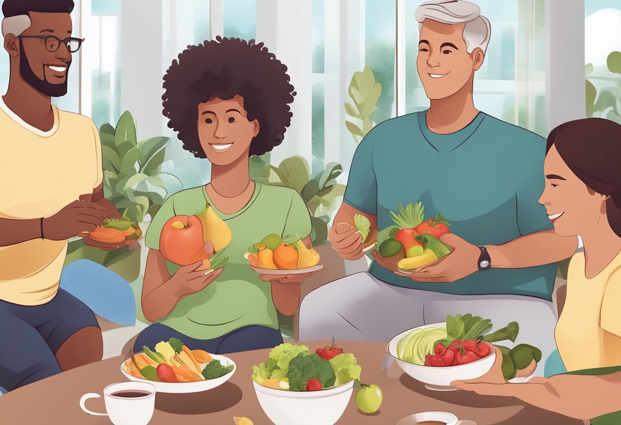 A group of diverse individuals engaging in physical activity and consuming heart-healthy foods to prevent and manage coronary heart disease