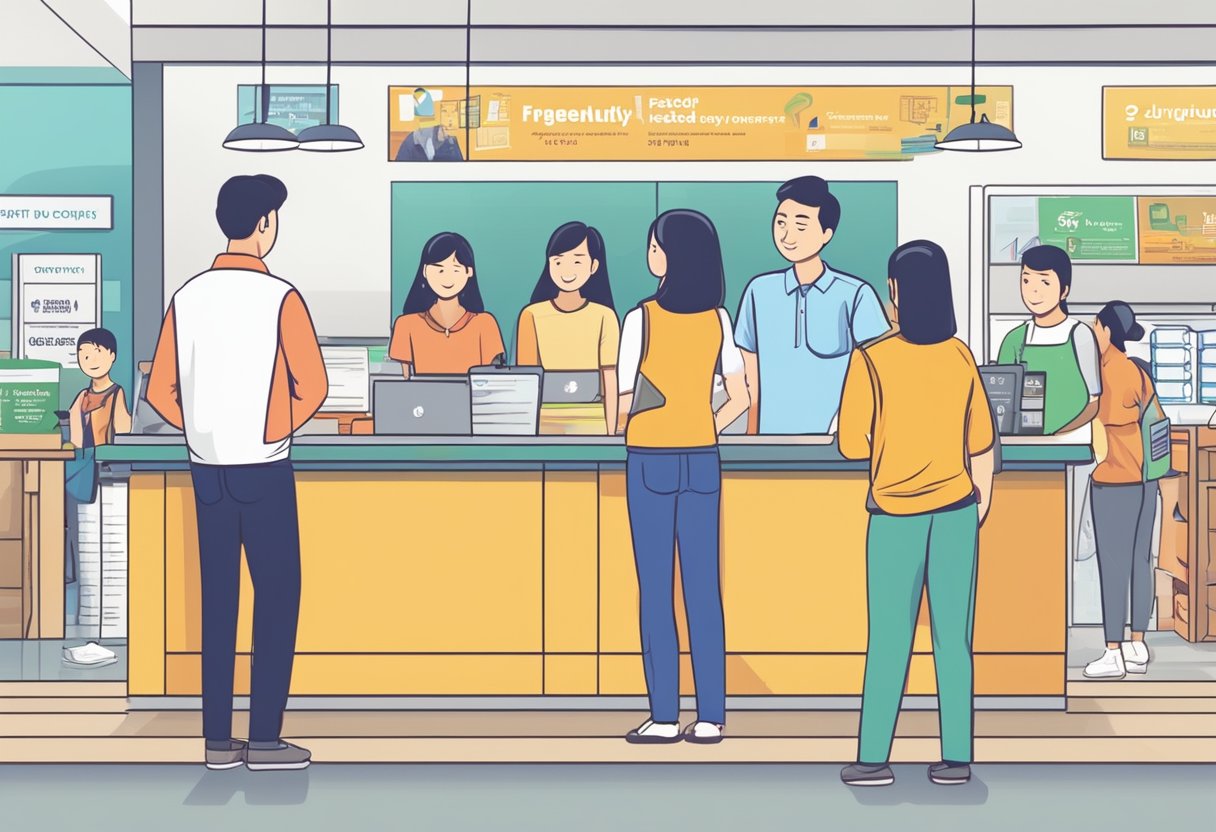 Customers lining up at a counter, signs displaying "Frequently Asked Questions" and "Jurong Point Money Lender" in the background