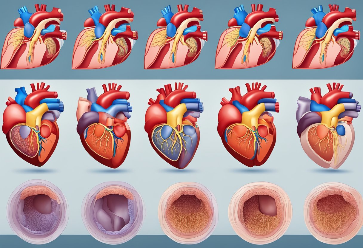 A heart surrounded by stages of diastolic failure, with varying levels of congestion and fluid buildup in the chambers