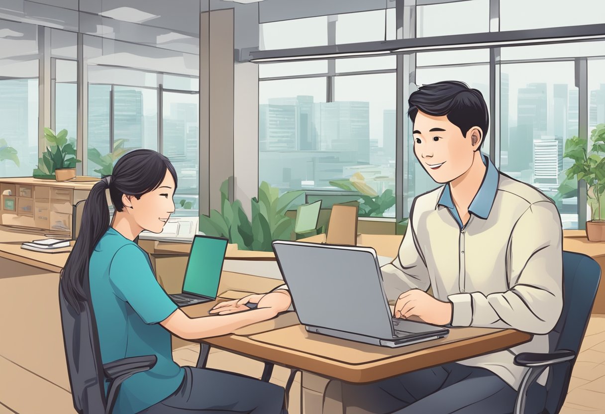 A customer at a licensed money lender in Simei receives answers to their frequently asked questions from a friendly staff member