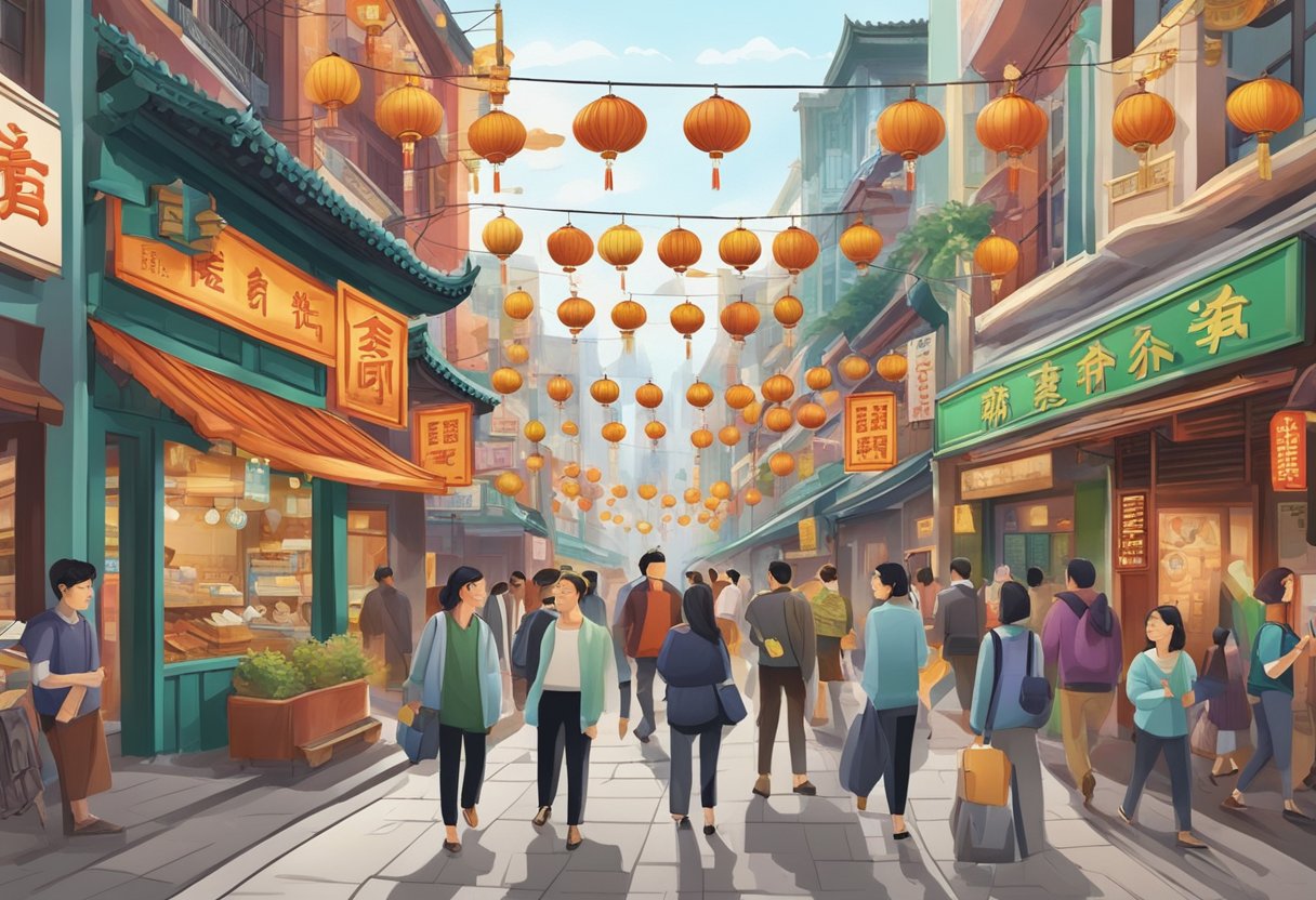 A bustling Chinatown street with a prominent sign for a licensed money lender, surrounded by curious passersby and colorful storefronts