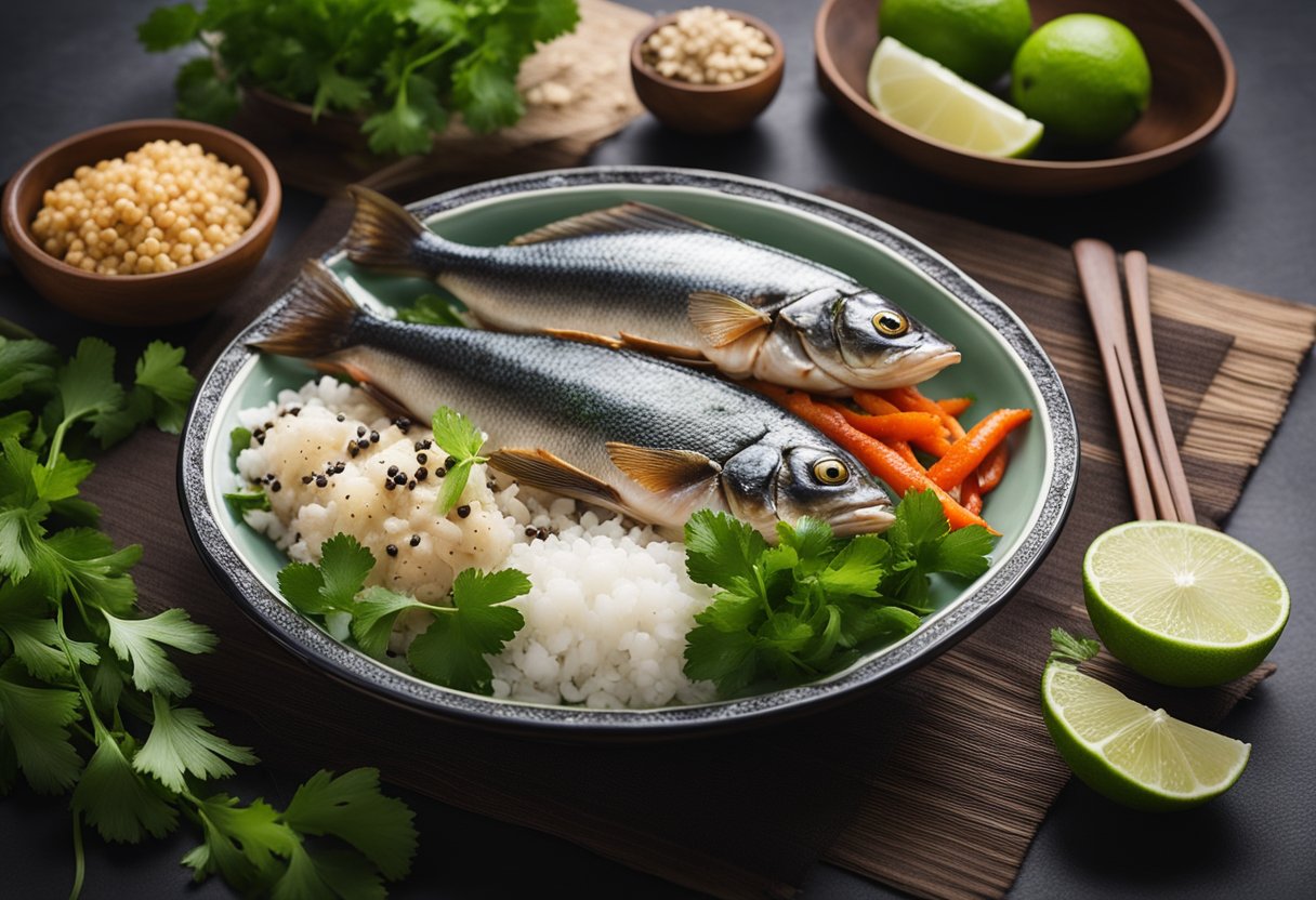 A table with fresh whole fish, ginger, garlic, and cilantro. Bowls of soy sauce, lime, and chili. A steamer and a serving platter