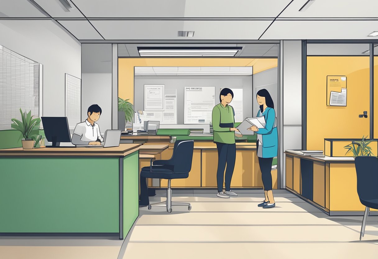 A licensed moneylender's office in Tampines, with a sign displaying the company name and logo. A customer fills out paperwork at the front desk while a staff member assists