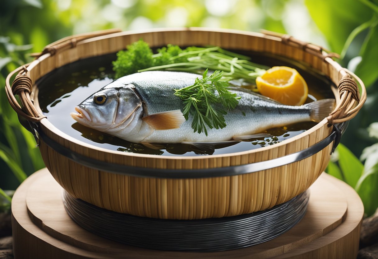 A whole fish steams in a bamboo basket over a pot of boiling water. Aromatic herbs and spices surround the fish, creating a fragrant cloud