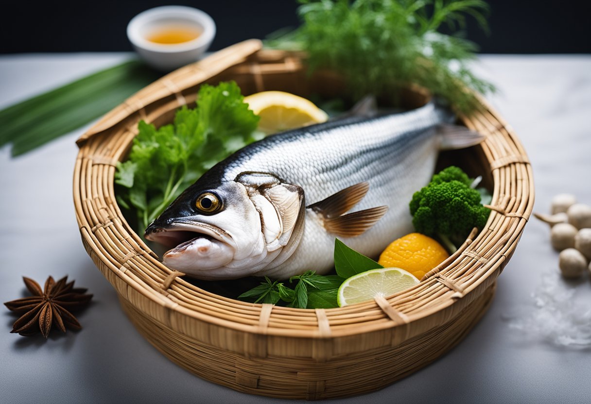 A whole fish steaming in a bamboo basket with aromatic herbs and spices, surrounded by a cloud of fragrant steam