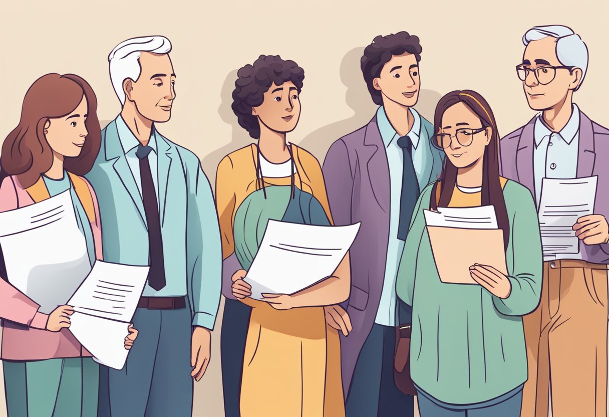 A group of people of various ages and genders standing in line, holding papers with questions about coronary heart disease