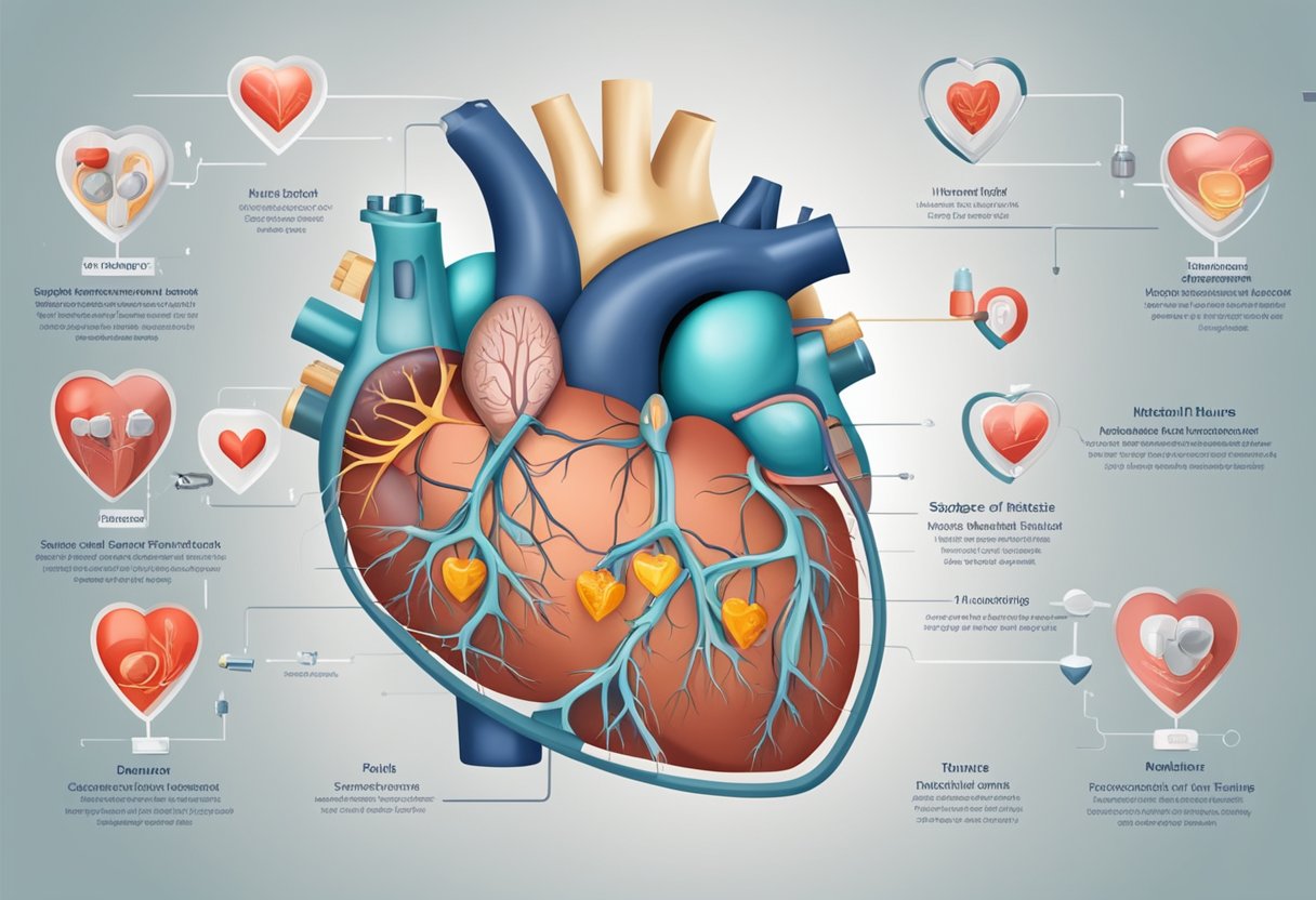 A heart-shaped diagram with labeled stages of diastolic heart failure, surrounded by medical equipment and treatment options