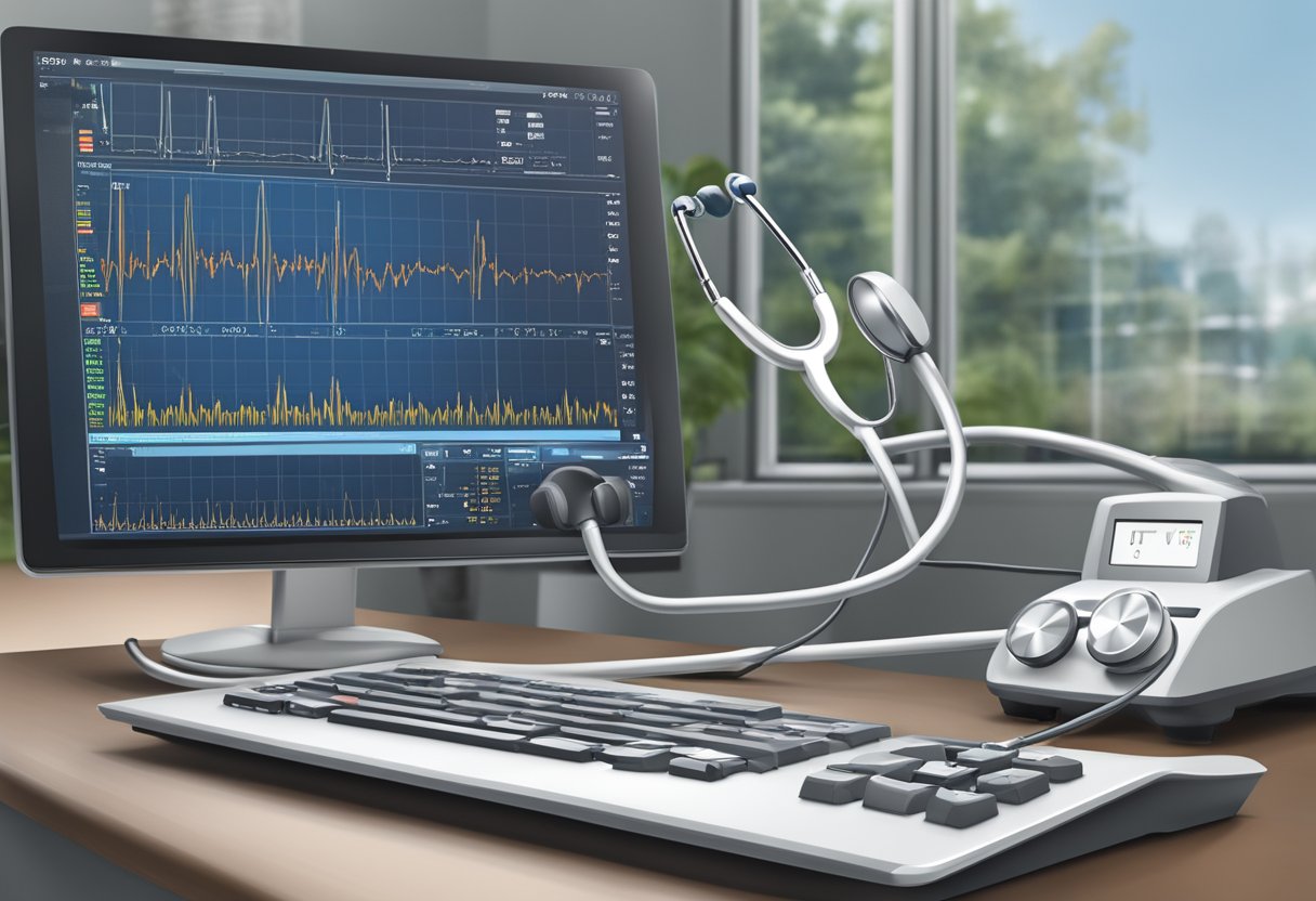 A stethoscope and EKG machine in a cardiology office with the acronym "POBA" displayed on a computer screen