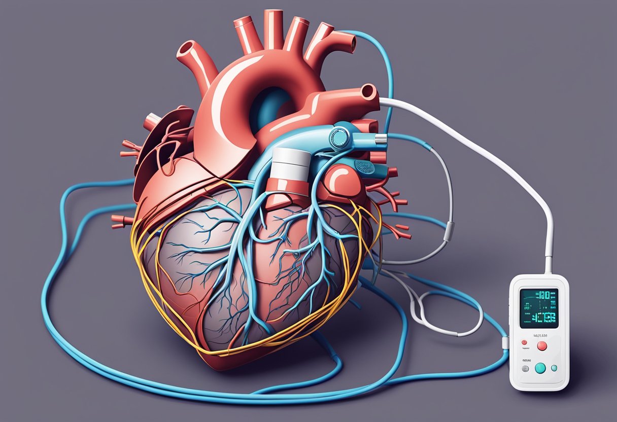 A heart lying still, surrounded by tangled veins and arteries. An empty pulse monitor displays a flat line