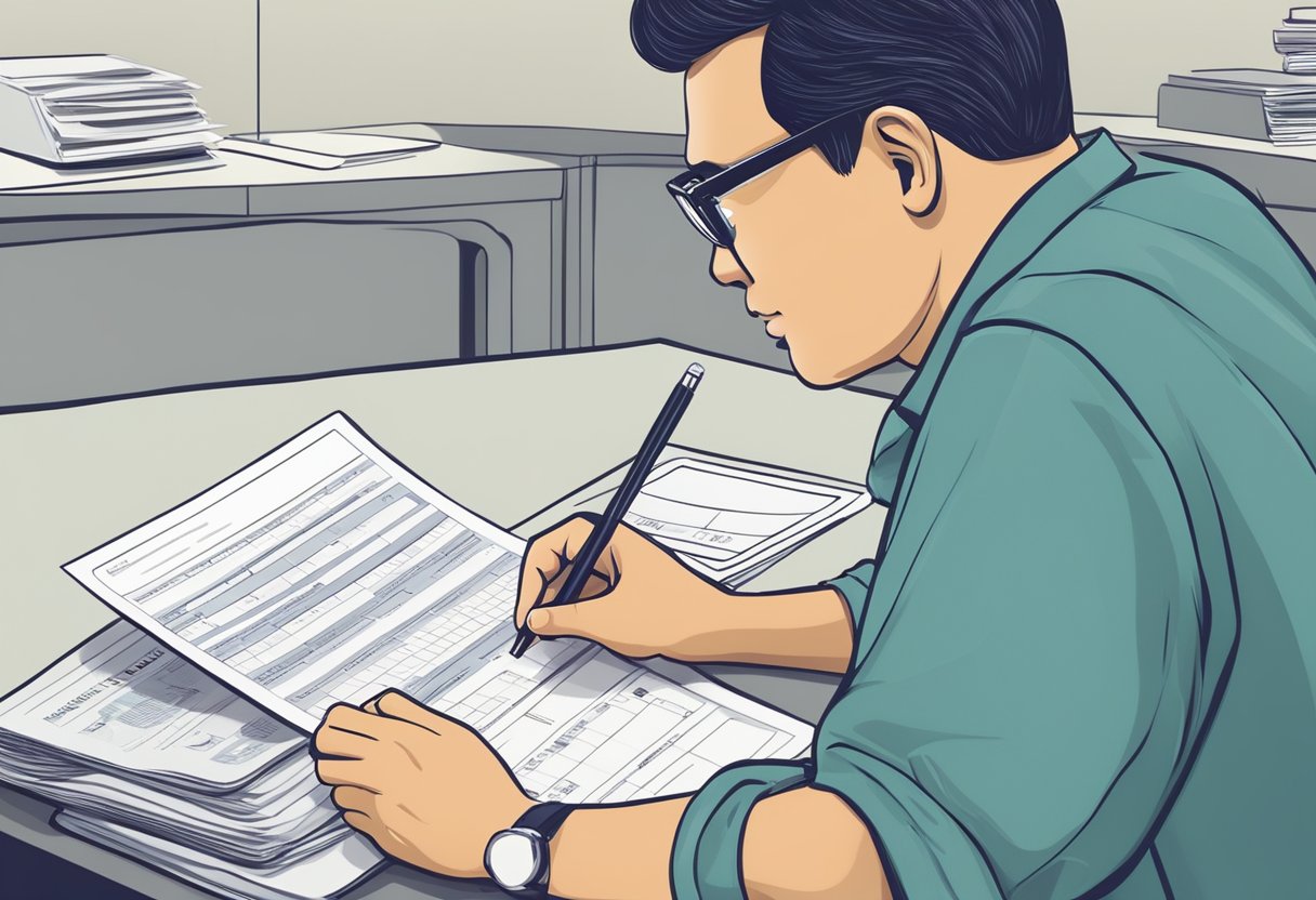 A person fills out a loan application form at a licensed money lender's office in Tampines, Singapore. The lender reviews the documents and discusses terms with the applicant