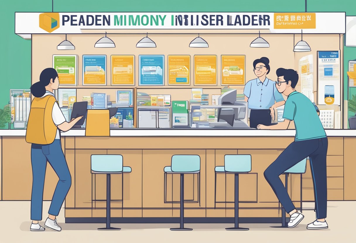 A customer standing at the counter, asking questions to a licensed money lender in Pasir Ris. The lender is attentively responding, surrounded by informational pamphlets and signage