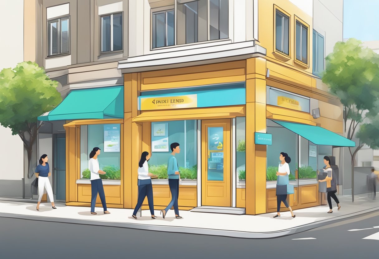 A bright and welcoming storefront of Pasir Ris money lender, with a prominent sign and a steady stream of customers