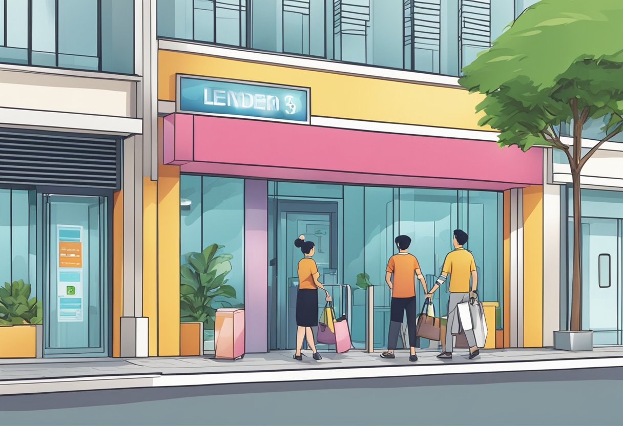 A licensed money lender's storefront in Punggol, with a clear sign and people entering and exiting the premises