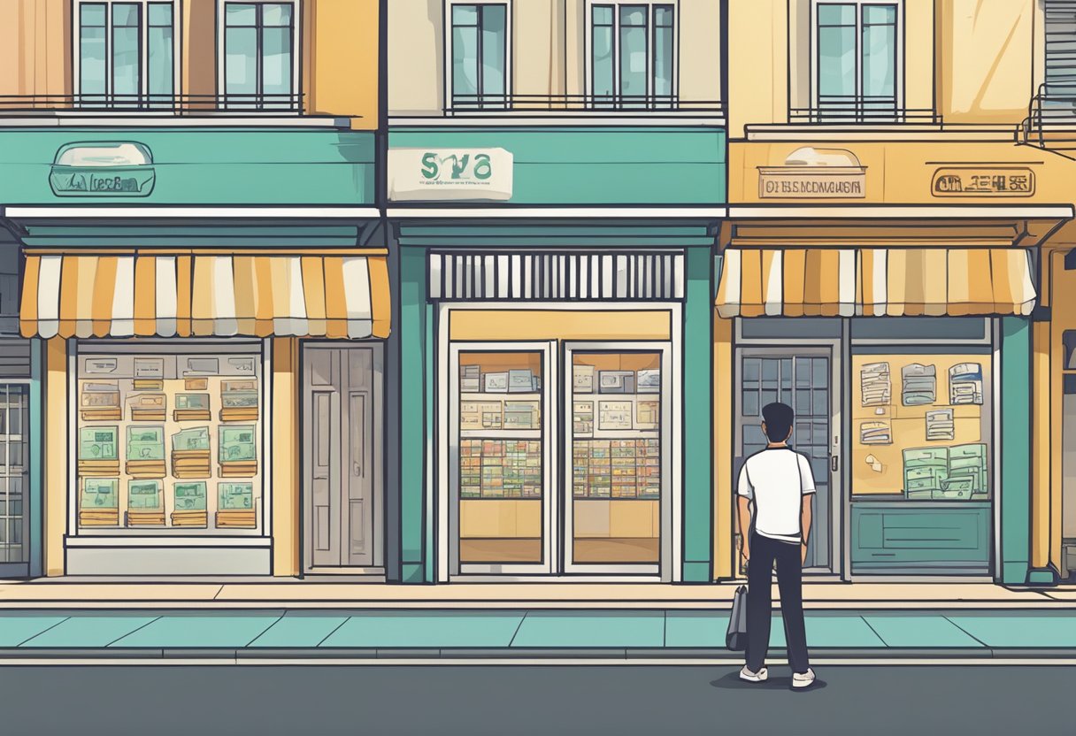 A person standing in front of a row of money lending offices in Pasir Ris, carefully comparing the signs and storefronts before making a decision