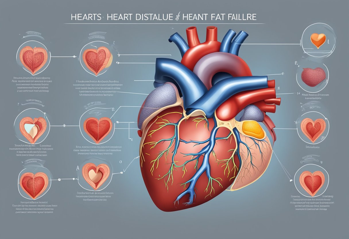 A heart diagram showing the stages of diastolic heart failure, with clear labeling and annotations for each stage