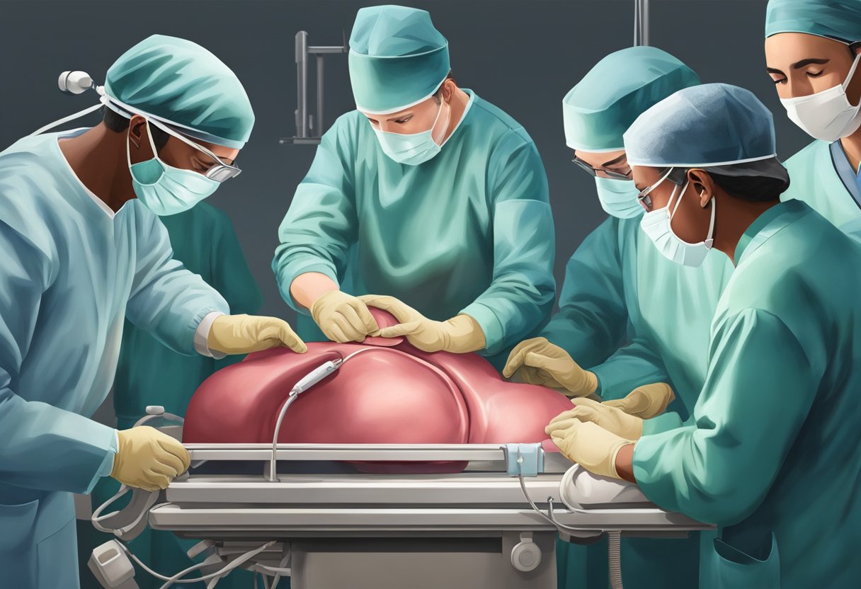 A surgeon carefully opens the patient's chest, revealing the beating heart. Medical equipment surrounds the operating table, as a team of doctors and nurses work together to perform the historic open heart surgery