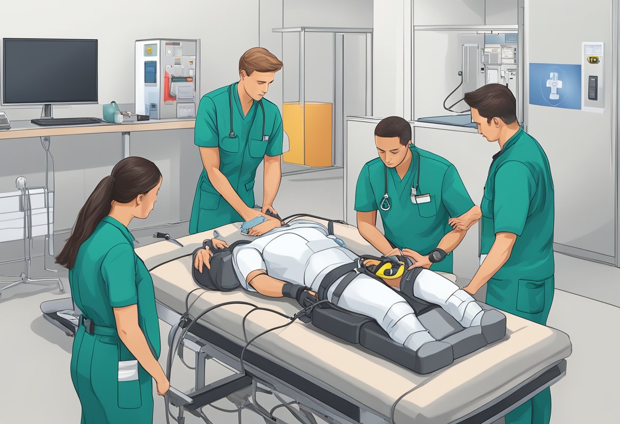 Medical responders administer CPR to a patient with a stopped heart, while others prepare defibrillator equipment for treatment